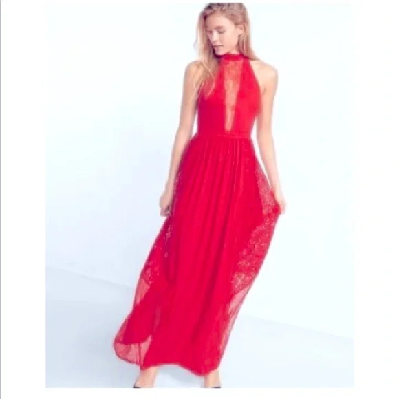 fitted lace wedding dress Elena Red Halter Neck Lace Maxi Dress M / Red main image 1